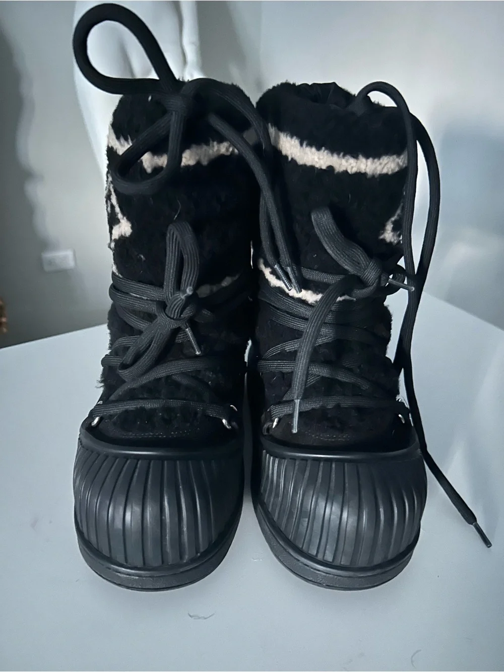 Louis Vuitton Black Knit-Trim Winter Boots with Monogram Detail.